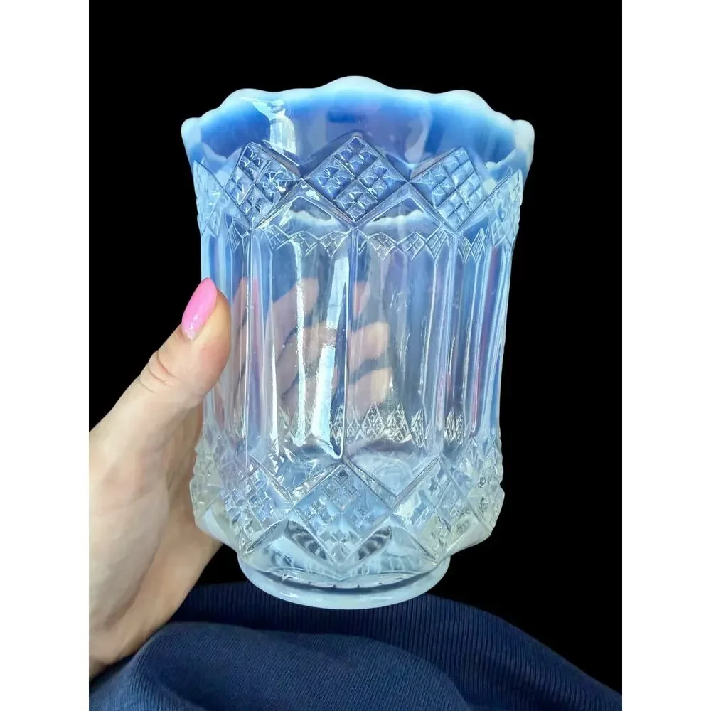 Mosser White Ice Blue Opalescent Glass Celery Vase Spooner